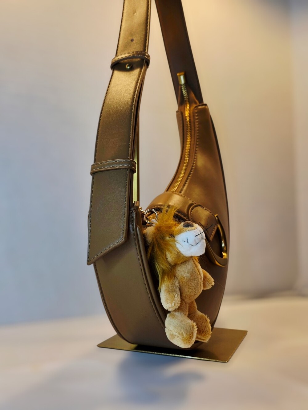 Asymmetric Crescent Shoulder Bag in Beige and Gold By Madison West - Picture 3 of 10